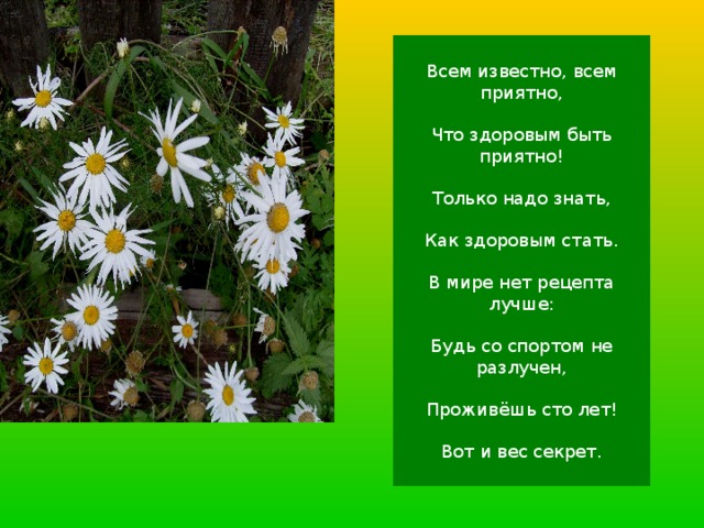 Всем известно, всем приятно, Что здоровым быть приятно! Только надо знать, Как здоровым стать. В мире нет рецепта лучше: Будь со спортом не разлучен, Проживёшь сто лет! Вот и вес секрет. 