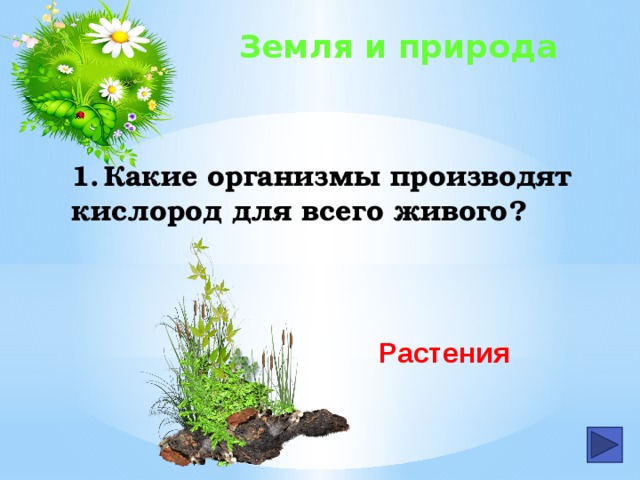 Земля и природа 1.  Какие организмы производят кислород для всего живого?  Растения