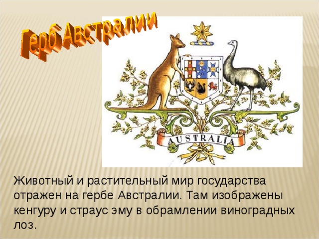 Животный и растительный мир государства отражен на гербе Австралии. Там изображены кенгуру и страус эму в обрамлении виноградных лоз. 