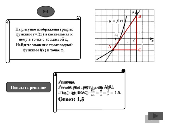№ 1 В На рисунке изображены график функции y=f(x) и касательная к нему в точке с абсциссой х 0 . Найдите значение производной функции f(x) в точке х 0 . А С Решение:   Рассмотрим треугольник АВС. f `(x 0 )=tg(Ответ: 1,5 Показать решение 