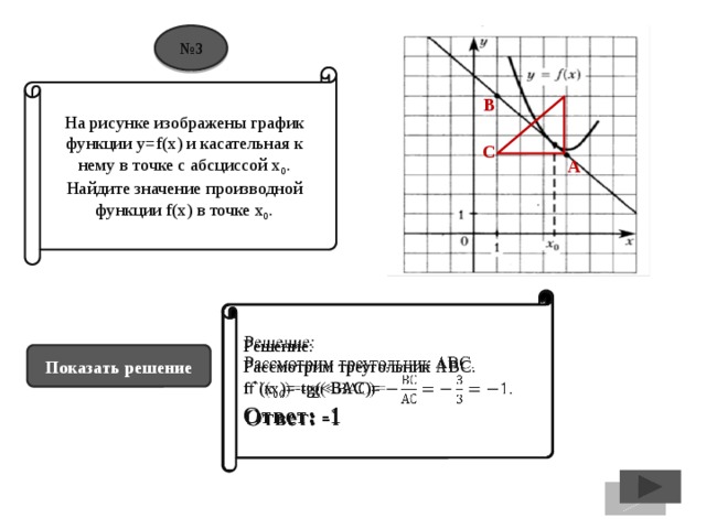 № 3 На рисунке изображены график функции y=f(x) и касательная к нему в точке с абсциссой х 0 . Найдите значение производной функции f(x) в точке х 0 . В С А Решение:   Рассмотрим треугольник АВС. f `(x 0 )=-tg(Ответ: -1 Показать решение 