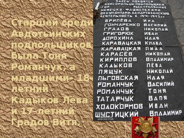 Старшей среди Авдотьинских подпольщиков была Тоня Романчук, а младшими– 18-летний Кадыков Лёва и 17-летний Градов Витя. 