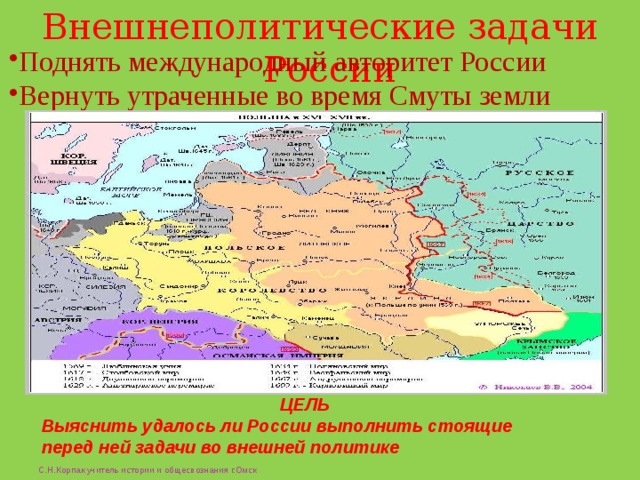 Внешнеполитические задачи России Поднять международный авторитет России Вернуть утраченные во время Смуты земли ЦЕЛЬ Выяснить удалось ли России выполнить стоящие перед ней задачи во внешней политике С.Н.Корпак учитель истории и общесвознания г.Омск 