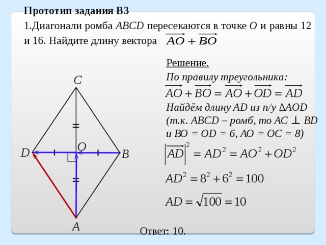 Прототип задания B3 1.Диагонали ромба ABCD пересекаются в точке O и равны 12 и 16. Найдите длину вектора . Решение. По правилу треугольника:   Найдём длину AD из п/у ∆AOD (т.к. ABCD – ромб, то АС ⊥ BD и ВО = ОD = 6, АО = ОС = 8) С O D В А Ответ: 10.  