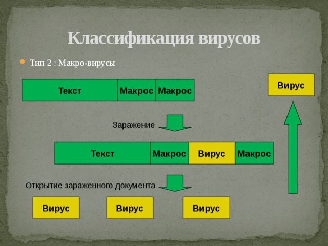 Классификация вирусов Тип 2 : Макро-вирусы Вирус Текст Макрос Макрос Заражение Текст Макрос Вирус Макрос Открытие зараженного документа Вирус Вирус Вирус 