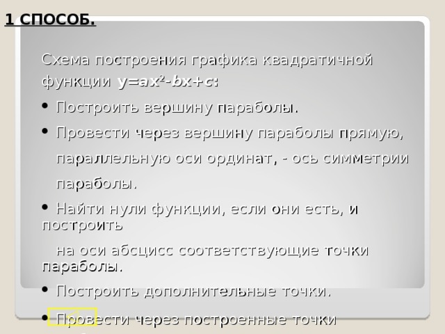 Способы построения графика квадратичной функции 1 СПОСОБ Пример №1 Пример №2 Схема 2 СПОСОБ Пример №3 3 СПОСОБ Пример №4 Пример №5 