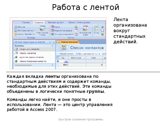 Работа с лентой Лента организована вокруг стандартных действий. Каждая вкладка ленты организована по стандартным действиям и содержит команды, необходимые для этих действий. Эти команды объединены в логически понятные группы . Команды легко найти, и они просты в использовании. Лента — это центр управления работой в Access 2007. На рисунке вы видите группу Таблицы и группу Формы на вкладке Создать . Быстрое освоение программы  