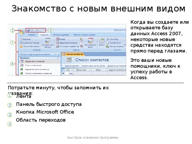Знакомство с новым внешним видом Когда вы создаете или открываете базу данных Access 2007, некоторые новые средства находятся прямо перед глазами. Это ваши новые помощники, ключ к успеху работы в Access. Потратьте минуту, чтобы запомнить их названия: Лента Панель быстрого доступа Кнопка Microsoft Office Область переходов Быстрое освоение программы  
