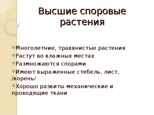 Высшие споровые растения Многолетние, травянистые растения Растут во влажных местах Размножаются спорами Имеют выраженные стебель, лист, /корень/ Хорошо развиты механические и проводящие ткани 