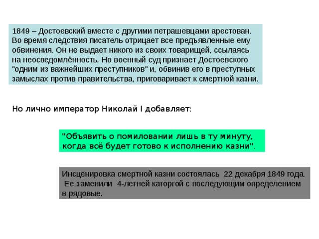 1849 – Достоевский вместе с другими петрашевцами арестован. Во время следствия писатель отрицает все предъявленные ему обвинения. Он не выдает никого из своих товарищей, ссылаясь на неосведомлённость. Но военный суд признает Достоевского 