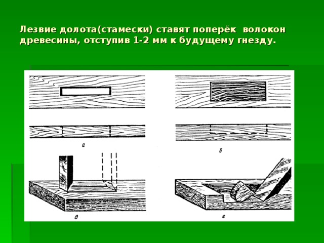 Лезвие долота(стамески) ставят поперёк  волокон древесины, отступив 1-2 мм к будущему гнезду. 