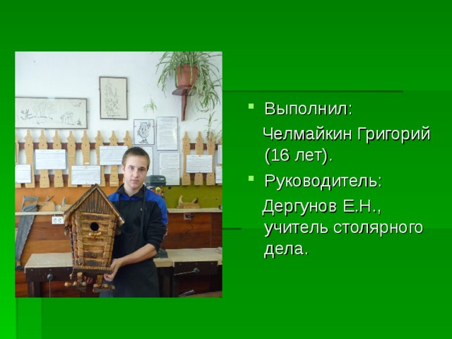 Выполнил:  Челмайкин Григорий (16 лет). Руководитель:  Дергунов Е.Н., учитель столярного дела. 