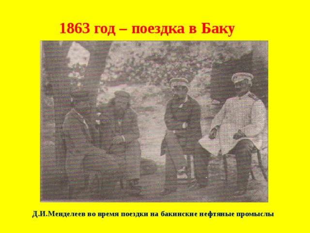 1863 год – поездка в Баку Д.И.Менделеев во время поездки на бакинские нефтяные промыслы 