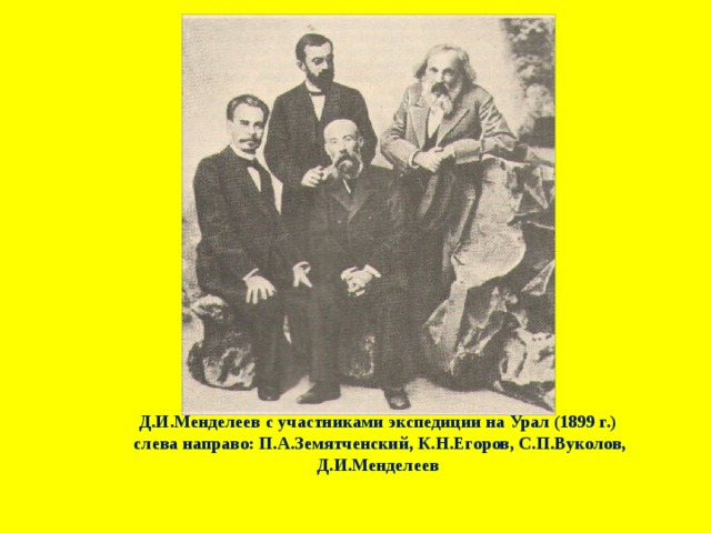 Д.И.Менделеев с участниками экспедиции на Урал (1899 г.)  слева направо: П.А.Земятченский, К.Н.Егоров, С.П.Вуколов, Д.И.Менделеев 