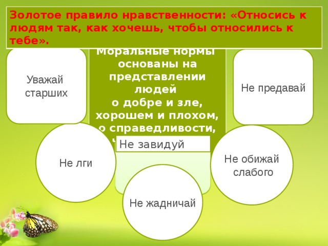 Золотое правило нравственности: «Относись к людям так, как хочешь, чтобы относились к тебе». Моральные нормы основаны на представлении людей о добре и зле, хорошем и плохом, о справедливости, чести, совести  Уважай старших Не предавай Не лги Не обижай  слабого Не завидуй Не жадничай 