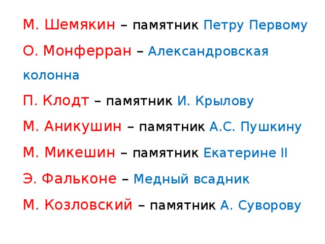 М. Шемякин – памятник Петру Первому  О. Монферран – Александровская колонна  П. Клодт – памятник И. Крылову  М. Аникушин – памятник А.С. Пушкину  М. Микешин – памятник Екатерине II  Э. Фальконе – Медный всадник  М. Козловский – памятник А. Суворову   