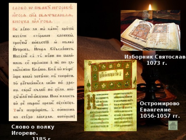 Изборник Святослава 1073 г. Остромирово Евангелие 1056-1057 гг. Слово о полку Игореве. 1185 г. 