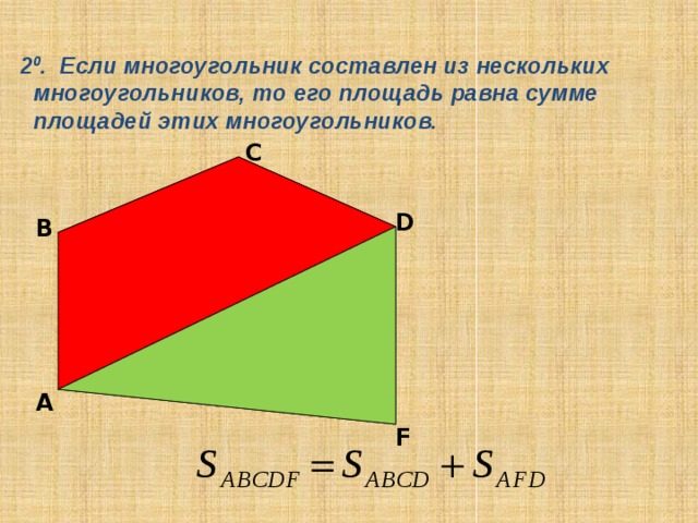  2 0 . Если многоугольник составлен из нескольких многоугольников, то его площадь равна сумме площадей этих многоугольников. C D B А F 