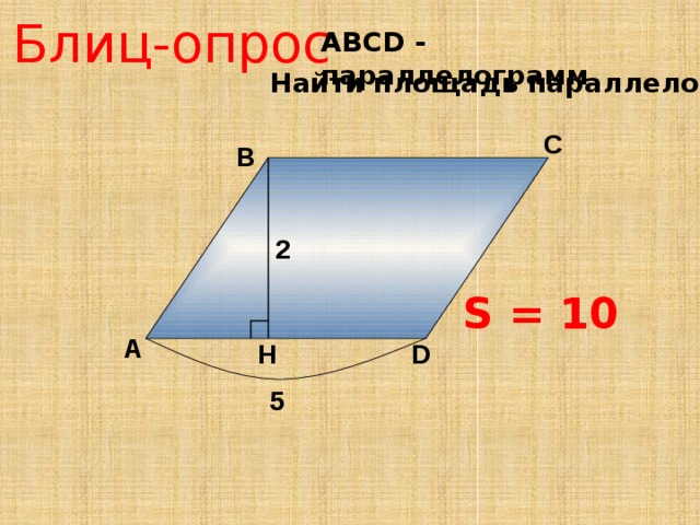 Блиц-опрос АBCD - параллелограмм Найти площадь параллелограмма. С В 2 S = 10 А D H 5 13 