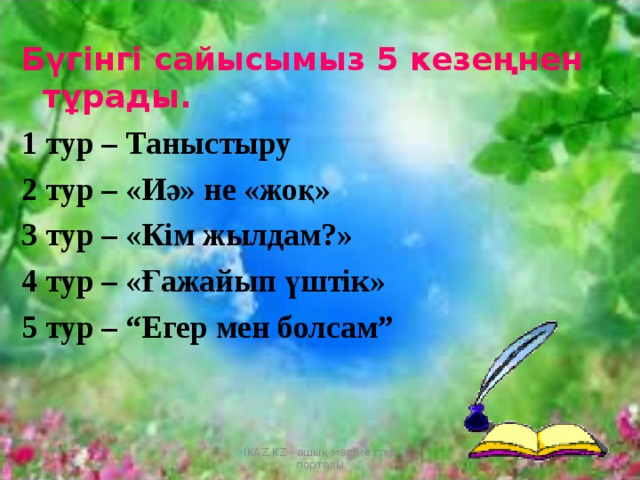 Бүгінгі сайысымыз 5 кезеңнен тұрады. 1 тур – Таныстыру 2 тур – «Иә» не «жоқ» 3 тур – «Кім жылдам?» 4 тур – «Ғажайып үштік» 5 тур – “Егер мен болсам”   IKAZ.KZ - ашық мәліметтер порталы  