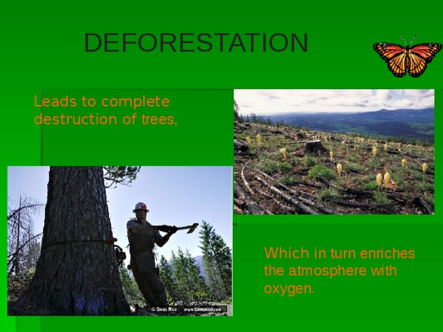DEFORESTATION   Leads to complete destruction of trees, Which in turn enriches the atmosphere with oxygen. 
