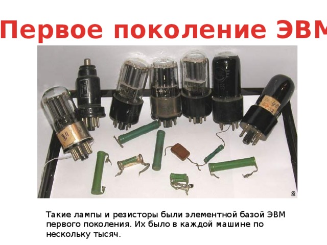 Первое поколение ЭВМ Такие лампы и резисторы были элементной базой ЭВМ первого поколения. Их было в каждой машине по нескольку тысяч. 