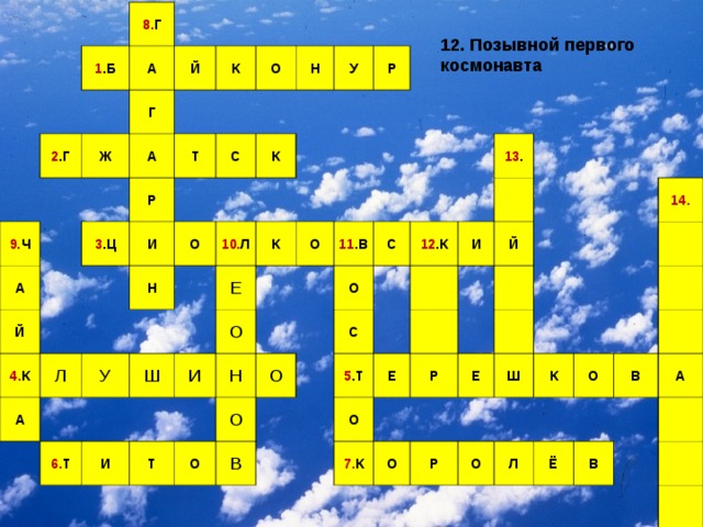 8. Г 1 .Б А 2 .Г Й 9. Ч Г Ж А К А Р 3 .Ц Т О Й И С 4. К Н К Л У О Н А У 10. Л Р К Ш Е 6. Т О И И О 11 .В Н Т О О С О О 12 .К С 13 . В И 5 .Т Й О Е Р 7. К Е О Ш 14. Р К О О Л В Ё А В 12. Позывной первого космонавта