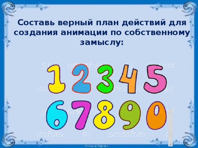 Составь верный план действий для создания анимации по собственному замыслу: