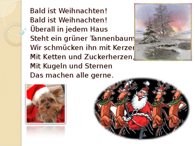 Bald ist Weihnachten! Bald ist Weihnachten! Überall in jedem Haus Steht ein grüner Tannenbaum. Wir schmücken ihn mit Kerzen, Mit K etten und Zuckerherzen, Mit Kugeln und Sternen Das machen alle gerne. 