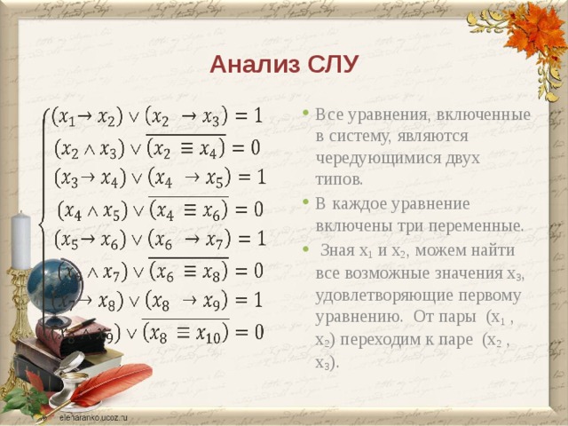 Анализ СЛУ   Все уравнения, включенные в систему, являются чередующимися двух типов. В каждое уравнение включены три переменные.  Зная x 1 и x 2 , можем найти все возможные значения x 3 , удовлетворяющие первому уравнению. От пары (x 1 , x 2 ) переходим к паре (x 2 , x 3 ). 