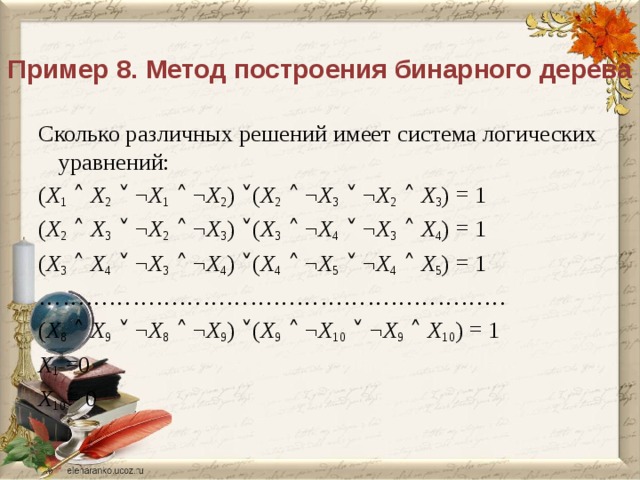 Пример 8. Метод построения бинарного дерева Сколько различных решений имеет система логических уравнений: ( X 1 ˄ X 2 ˅ ¬ X 1 ˄ ¬ X 2 ) ˅( X 2 ˄ ¬ X 3 ˅ ¬ X 2 ˄ X 3 ) = 1 ( X 2 ˄ X 3 ˅ ¬ X 2 ˄ ¬ X 3 ) ˅( X 3 ˄ ¬ X 4 ˅ ¬ X 3 ˄ X 4 ) = 1 ( X 3 ˄ X 4 ˅ ¬ X 3 ˄ ¬ X 4 ) ˅( X 4 ˄ ¬ X 5 ˅ ¬ X 4 ˄ X 5 ) = 1 …………………………………………………… ( X 8 ˄ X 9 ˅ ¬ X 8 ˄ ¬ X 9 ) ˅( X 9 ˄ ¬ X 10 ˅ ¬ X 9 ˄ X 10 ) = 1 X 1 =0 X 10 = 0 