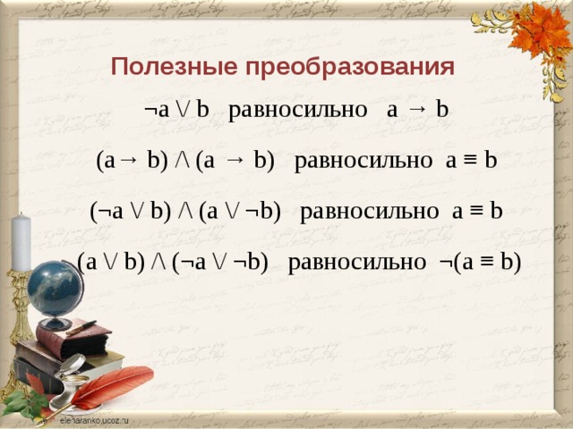 Полезные преобразования ¬a \/ b равносильно a → b (a→ b) /\ (a → b) равносильно a ≡ b (¬a \/ b) /\ (a \/ ¬b) равносильно a ≡ b (a \/ b) /\ (¬a \/ ¬b) равносильно ¬(a ≡ b) ОСтоит выписать несколько полезных преобразований (они встречались в разобранных примерах): тметим, что разбирать эту задачу стоит только с учениками, которые достаточно свободно владеют преобразованиями логических выражений. 47 