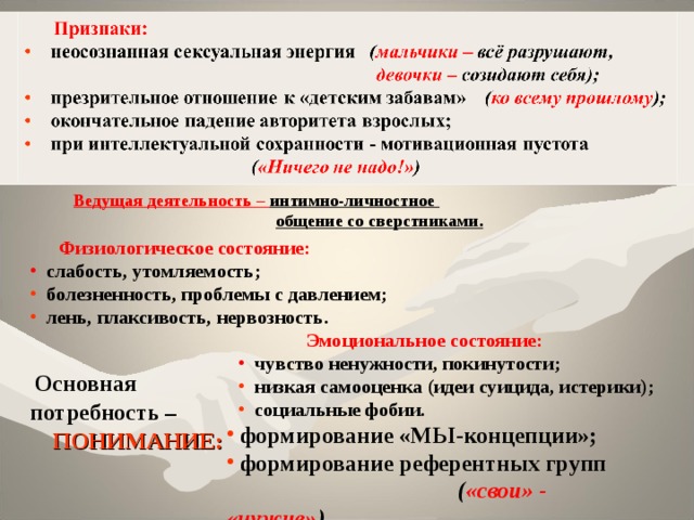  Ведущая деятельность – интимно-личностное  общение со сверстниками.  Физиологическое состояние:  слабость, утомляемость;  болезненность, проблемы с давлением;  лень, плаксивость, нервозность.  Эмоциональное состояние:  чувство ненужности, покинутости;  низкая самооценка (идеи суицида, истерики);  социальные фобии.  Основная потребность –  ПОНИМАНИЕ:  формирование «МЫ-концепции»;  формирование референтных групп ( «свои» - «чужие» ). 