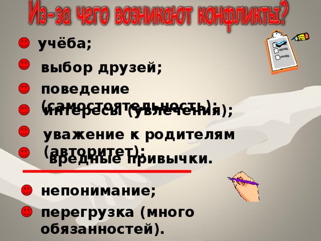 учёба; выбор друзей; поведение (самостоятельность); интересы (увлечения); уважение к родителям (авторитет); вредные привычки. непонимание; перегрузка (много обязанностей). 