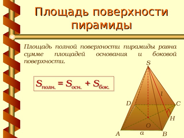 Площадь поверхности пирамиды Площадь полной поверхности пирамиды равна сумме площадей основания и боковой поверхности. S S полн.  = S осн.  + S бок.  l  D С Н О а А В 