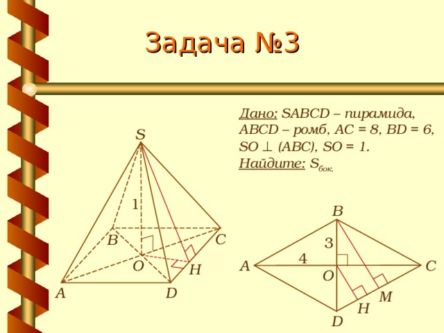 Задача № 3 Дано: SABCD – пирамида, ABCD – ромб, АС = 8, BD = 6, SO ⊥ (АВС), SO = 1.  Найдите: S бок.  S 1 В С В 3 4 С А O H O D А М H D 