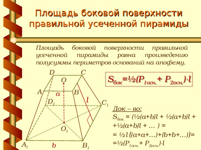 Площадь боковой поверхности правильной усеченной пирамиды Площадь боковой поверхности правильной усеченной пирамиды равна произведению полусуммы периметров оснований на апофему. C D S бок =½ ( P 1осн. + P 2 осн. )  l О A B a l D 1 С 1 Док – во: S бок = (½(a+b)l  +  ½(a+b)l  +  +½(a+b)l + … ) = = ½  l  ( (a+a+…)+(b+b+…) ) = =½ ( P 1осн. + P 2 осн. )  l О 1 А 1 В 1 b 