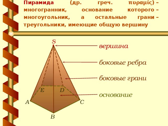 Пирамида  (др. греч. πυραμίς) – многогранник, основание которого – многоугольник, а остальные грани – треугольники, имеющие общую вершину S вершина вершина боковые ребра боковые грани D E   основание  C А B 