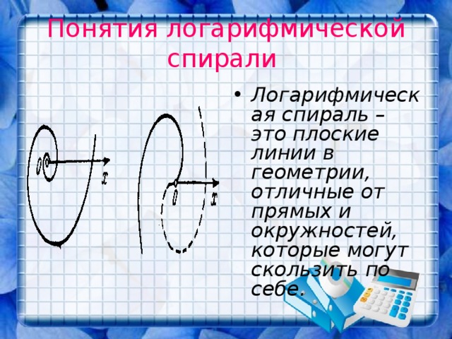 Понятия логарифмической спирали  Логарифмическая спираль – это плоские линии в геометрии, отличные от прямых и окружностей, которые могут скользить по себе.  