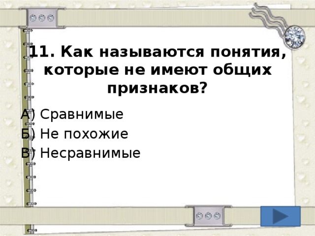 11. Как называются понятия, которые не имеют общих признаков? А) Сравнимые Б) Не похожие В) Несравнимые  