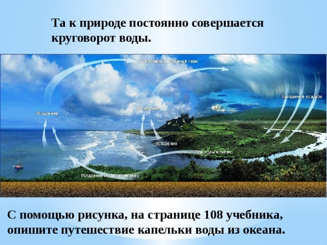 Та к природе постоянно совершается круговорот воды. С помощью рисунка, на странице 108 учебника, опишите путешествие капельки воды из океана. 