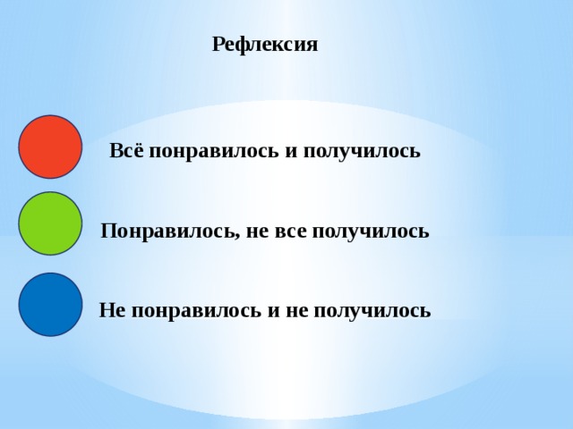 Рефлексия     Всё понравилось и получилось    Понравилось, не все получилось    Не понравилось и не получилось    