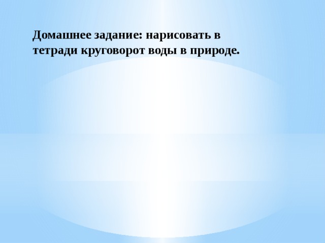Домашнее задание: нарисовать в тетради круговорот воды в природе. 