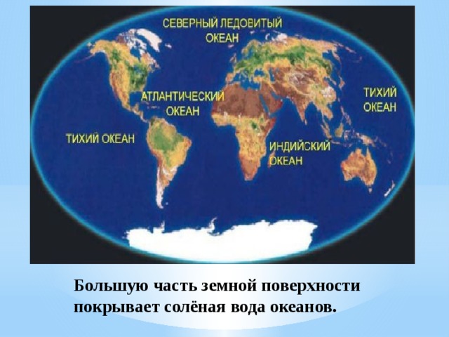 Океаны Большую часть земной поверхности покрывает солёная вода океанов. 