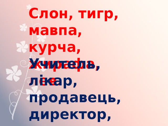 Слон, тигр, мавпа, курча, жирафа, лев.   Учитель, лікар, продавець, директор, сестра, доярка. 