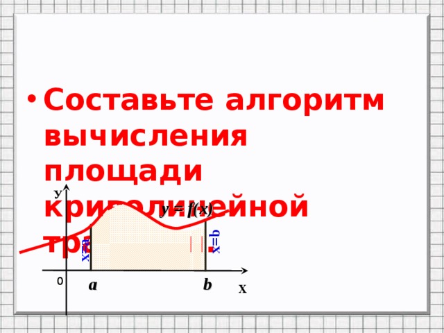 х=а x=b Составьте алгоритм вычисления площади криволинейной трапеции.  У y = f(x) a b 0 Х 