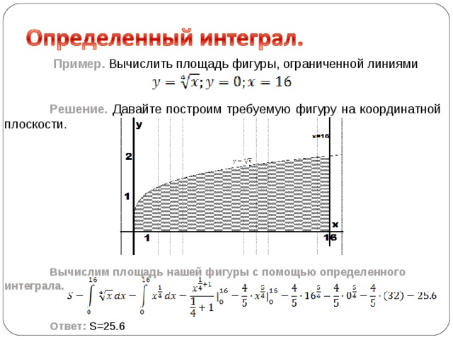  Геометрический смысл определенного интеграла :  Площадь криволинейной трапеции вычисляет по формуле:    Физический смысл определенного интеграла : масса m неоднородного стержня, плотностью ρ=ρ( x ) находящегося на отрезке [ a ; b ] вычисляется по формуле:   Перемещение S материальной точки , движущейся по прямой со скоростью V = V ( t ), за промежуток времени от t = a до t = b , вычисляется по формуле:  Определенный интеграл имеет множество других смыслов, и если хорошо понимать, что это такое, то он нам встречается на каждом шагу. 