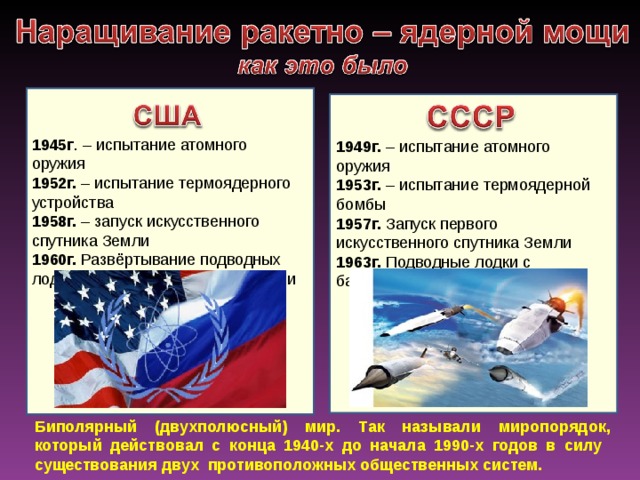 1945г . – испытание атомного оружия 1952г. – испытание термоядерного устройства 1958г. – запуск искусственного спутника Земли 1960г. Развёртывание подводных лодок с баллистическими ракетами 1949г. – испытание атомного оружия 1953г. – испытание термоядерной бомбы 1957г. Запуск первого искусственного спутника Земли 1963г. Подводные лодки с баллистическими ракетами Биполярный (двухполюсный) мир. Так называли миропорядок, который действовал с конца 1940-х до начала 1990-х годов в силу существования двух противоположных общественных систем.  