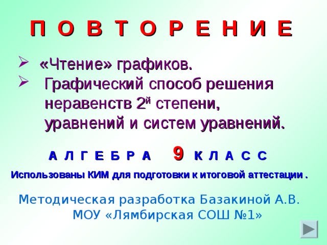  П О В Т О Р Е Н И Е   «Чтение» графиков.  Графический способ решения  неравенств 2 й степени,  уравнений и систем уравнений. А Л Г Е Б Р А 9 К Л А С С Использованы КИМ для подготовки к итоговой аттестации . Методическая разработка Базакиной А.В.  МОУ «Лямбирская СОШ №1» 