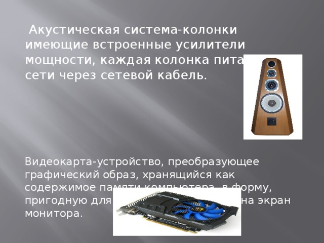  Акустическая система-колонки имеющие встроенные усилители мощности, каждая колонка питается от сети через сетевой кабель.  Видеокарта-устройство, преобразующее графический образ, хранящийся как содержимое памяти компьютера, в форму, пригодную для дальнейшего вывода на экран монитора. 